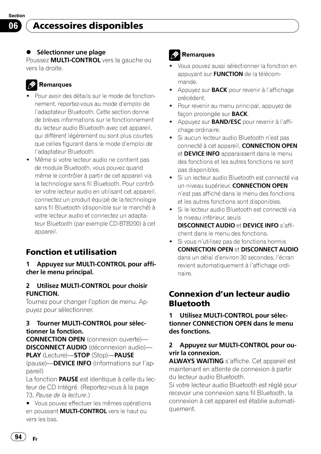 Pioneer P4000UB operation manual Connexion d’un lecteur audio Bluetooth 