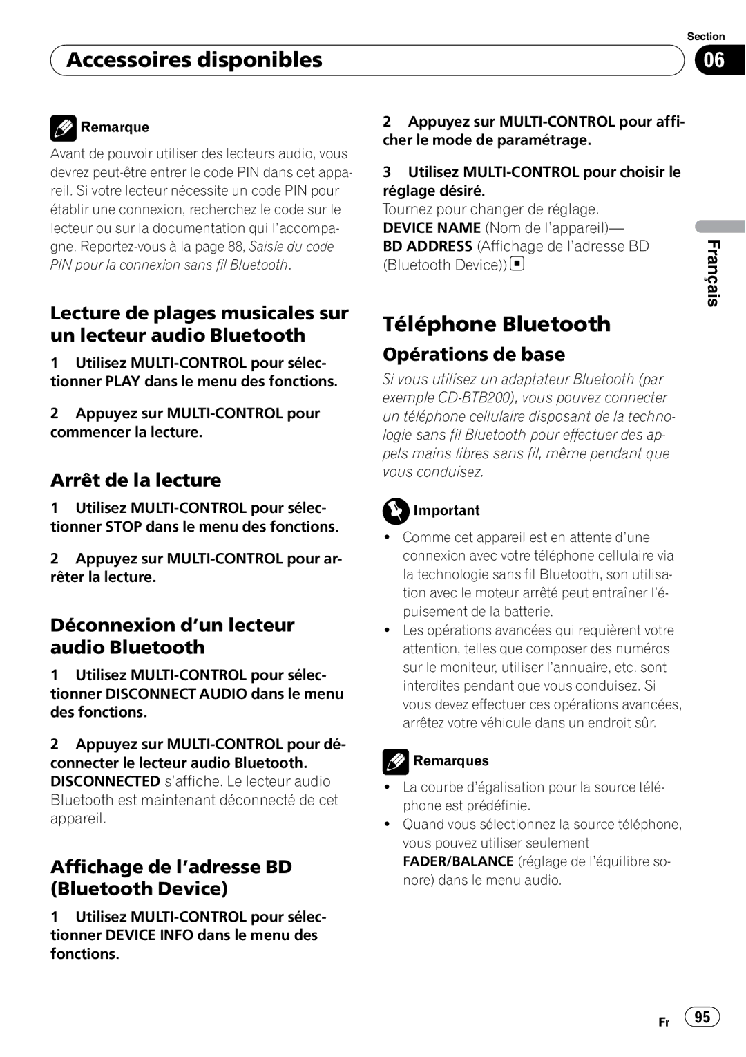 Pioneer P4000UB Téléphone Bluetooth, Lecture de plages musicales sur un lecteur audio Bluetooth, Arrêt de la lecture 