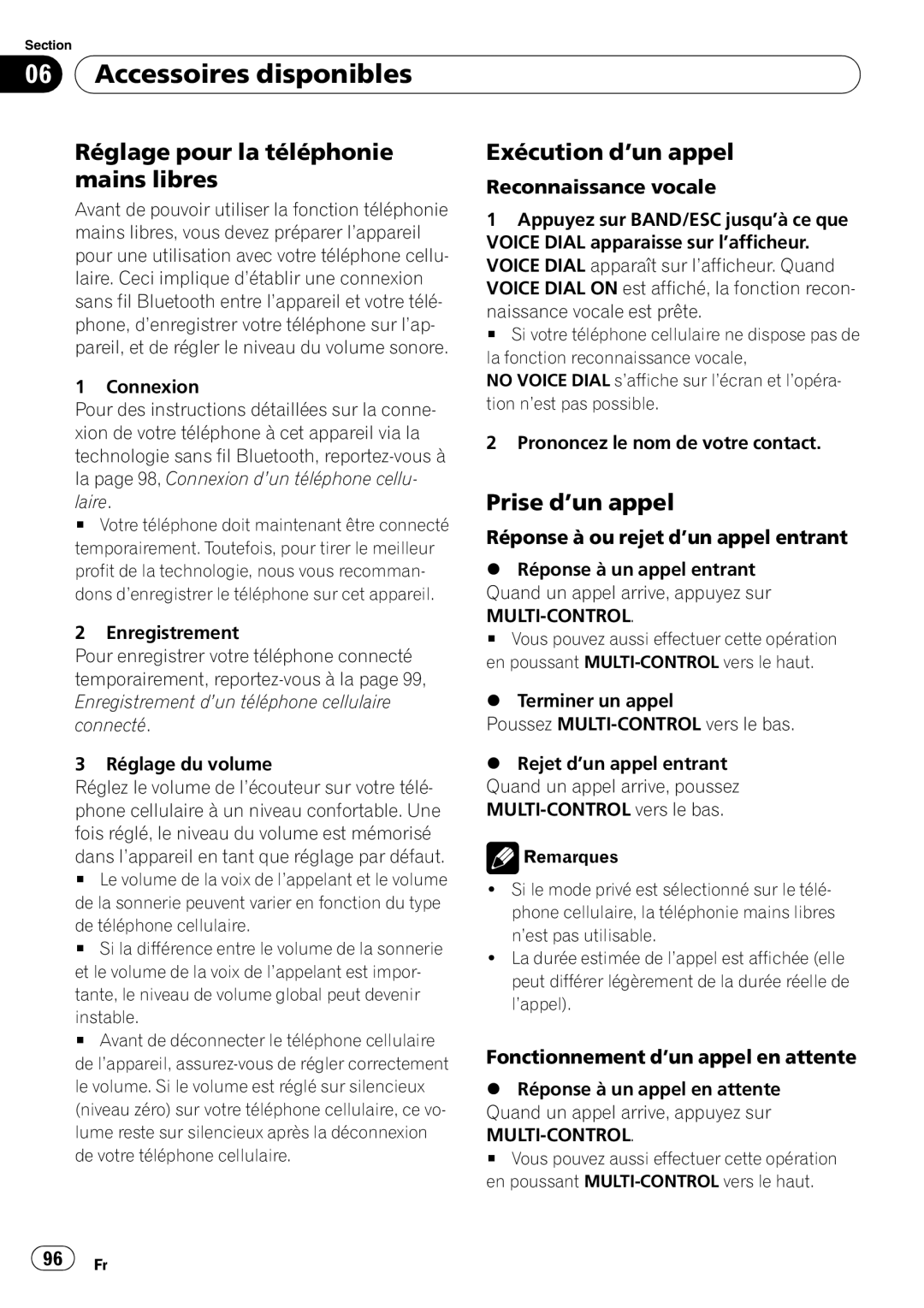 Pioneer P4000UB operation manual Réglage pour la téléphonie mains libres, Exécution d’un appel, Prise d’un appel 