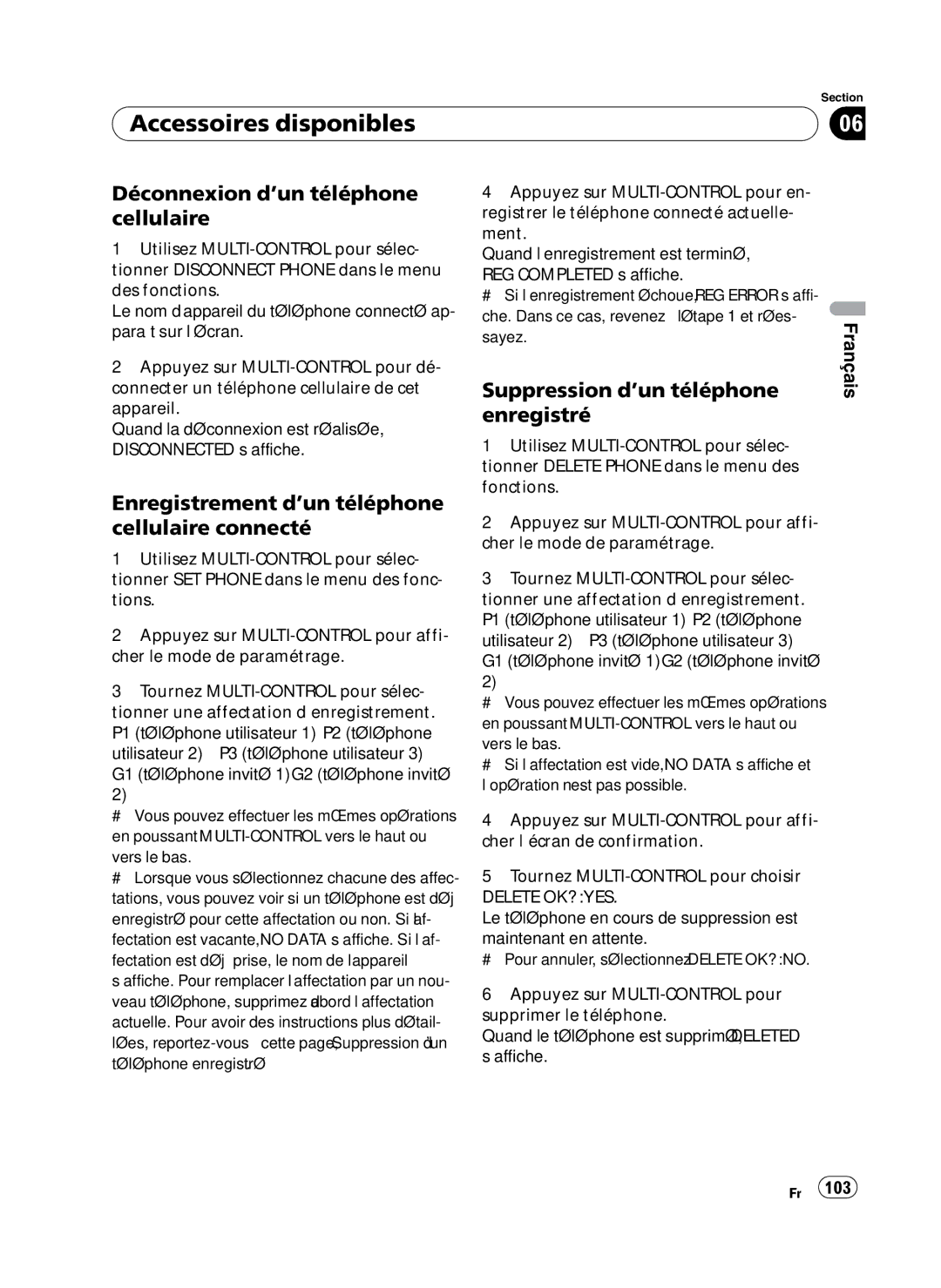 Pioneer P4100UB operation manual Déconnexion d’un téléphone cellulaire, Enregistrement d’un téléphone cellulaire connecté 