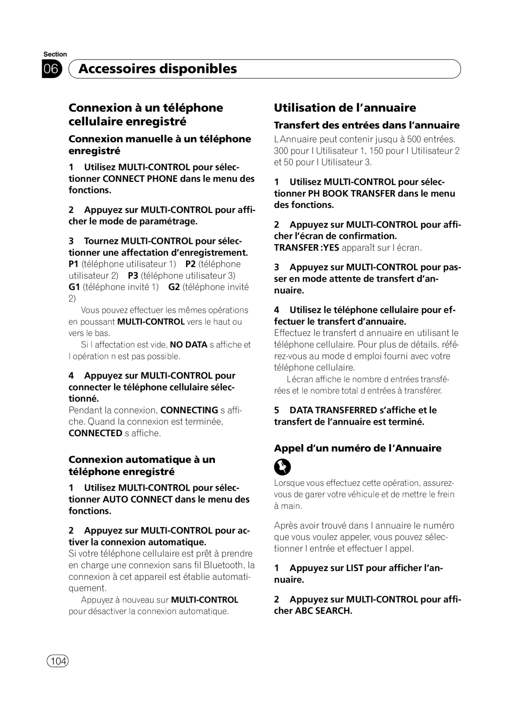 Pioneer P4100UB operation manual Connexion à un téléphone cellulaire enregistré, Utilisation de l’annuaire, 104 Fr 