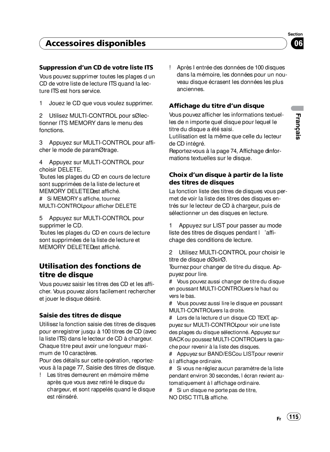 Pioneer P4100UB operation manual Suppression d’un CD de votre liste ITS, Affichage du titre d’un disque 