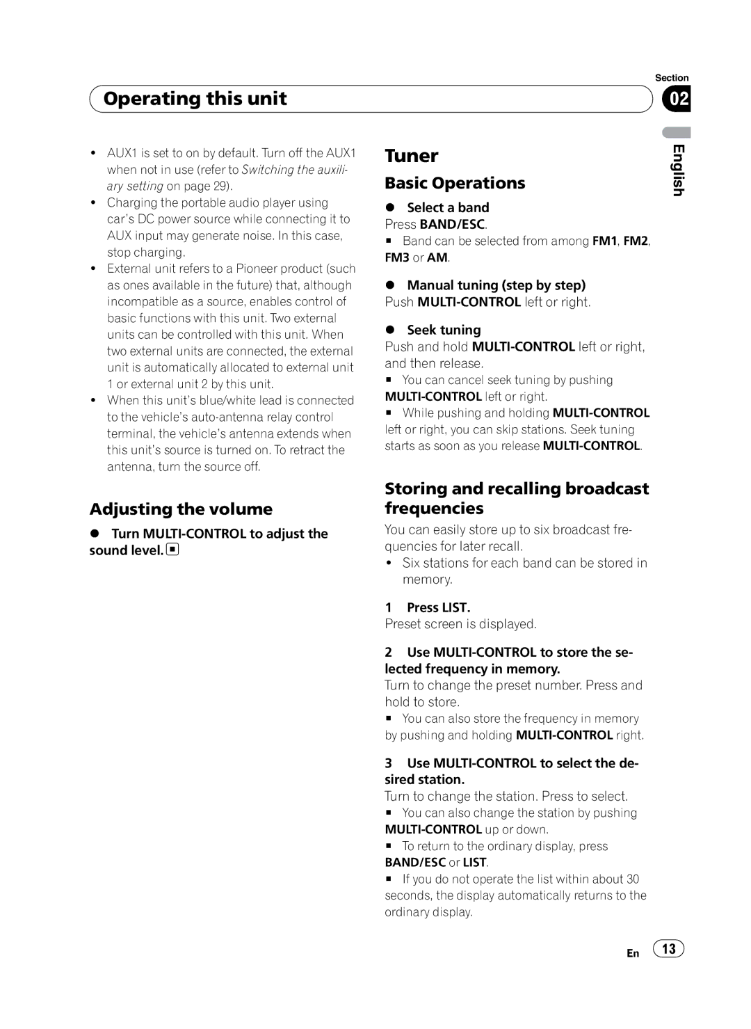 Pioneer P4100UB operation manual Tuner, Basic Operations, Adjusting the volume, Storing and recalling broadcast frequencies 