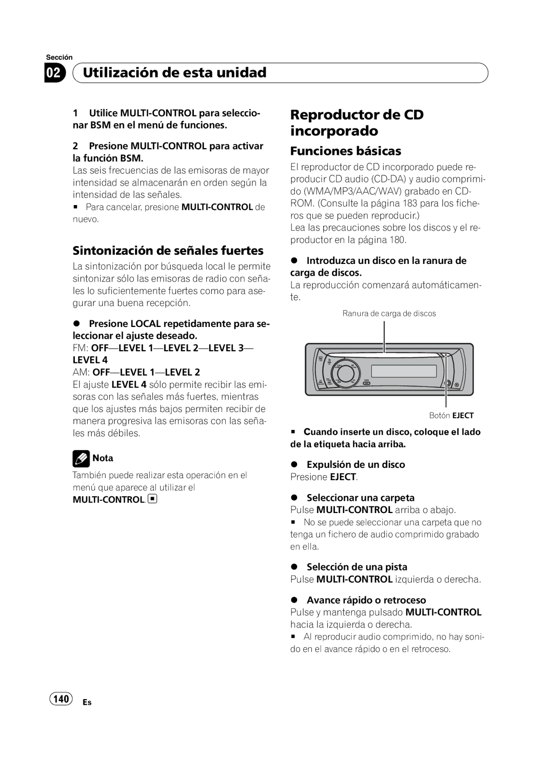 Pioneer P4100UB operation manual Reproductor de CD incorporado, Sintonización de señales fuertes, 140 Es 