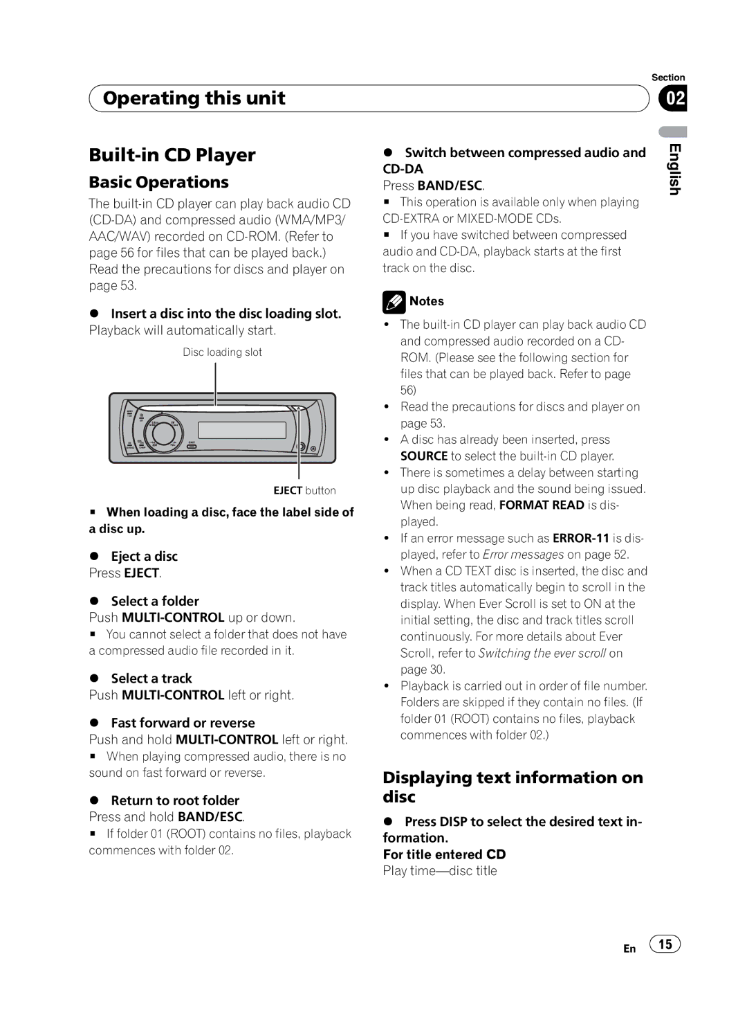 Pioneer P4100UB operation manual Operating this unit Built-in CD Player, Displaying text information on, Disc, Cd-Da 