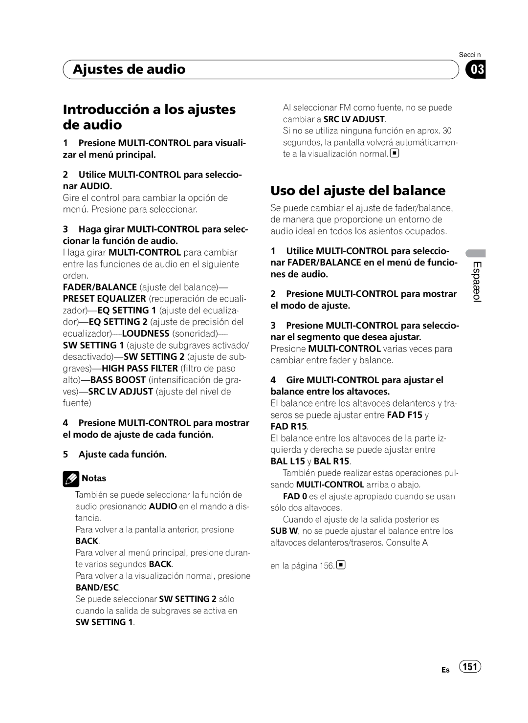 Pioneer P4100UB operation manual Ajustes de audio, Introducción a los ajustes de audio, Uso del ajuste del balance 