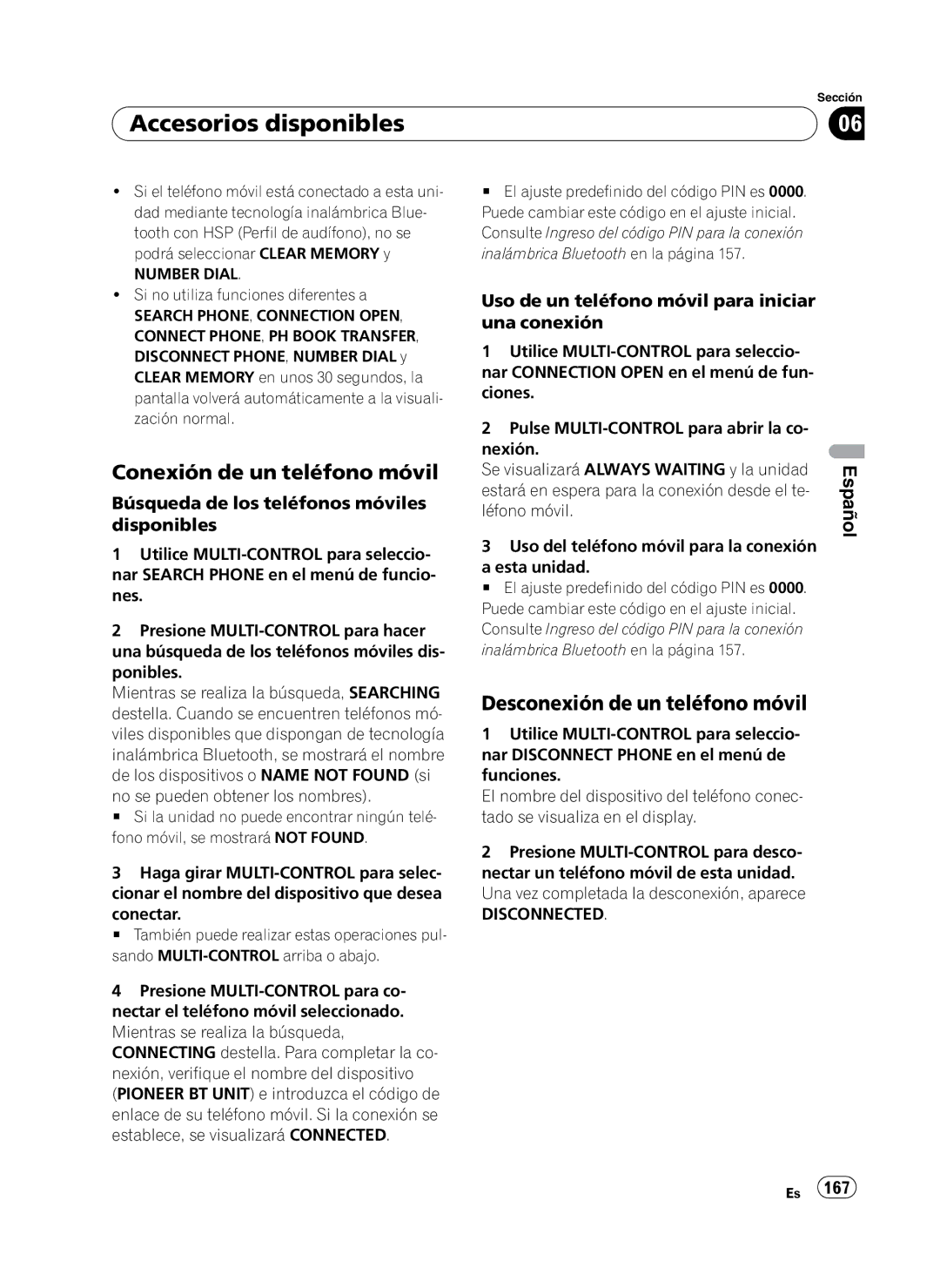 Pioneer P4100UB operation manual Conexión de un teléfono móvil, Desconexión de un teléfono móvil 