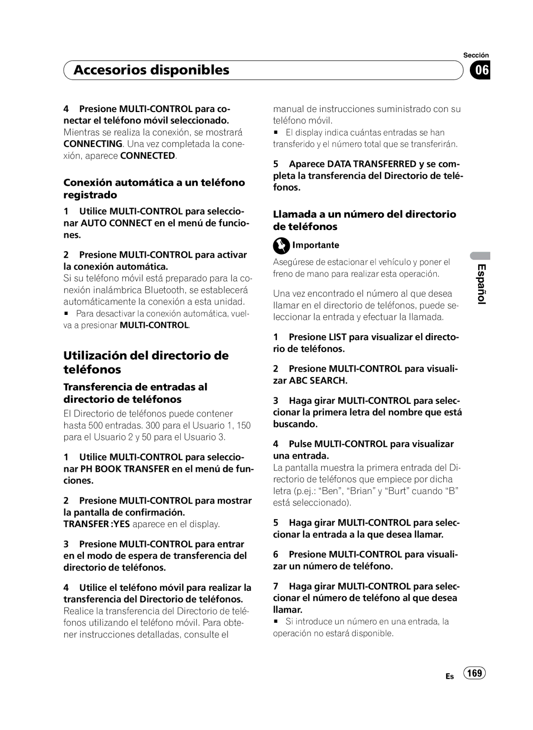 Pioneer P4100UB operation manual Utilización del directorio de teléfonos, Conexión automática a un teléfono registrado 