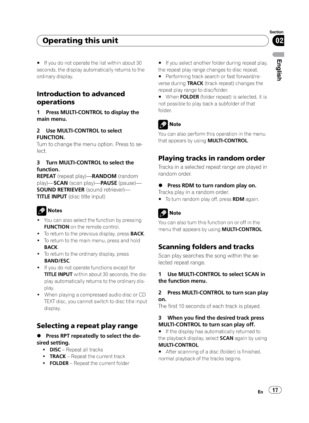 Pioneer P4100UB operation manual Selecting a repeat play range, Playing tracks in random order, Scanning folders and tracks 