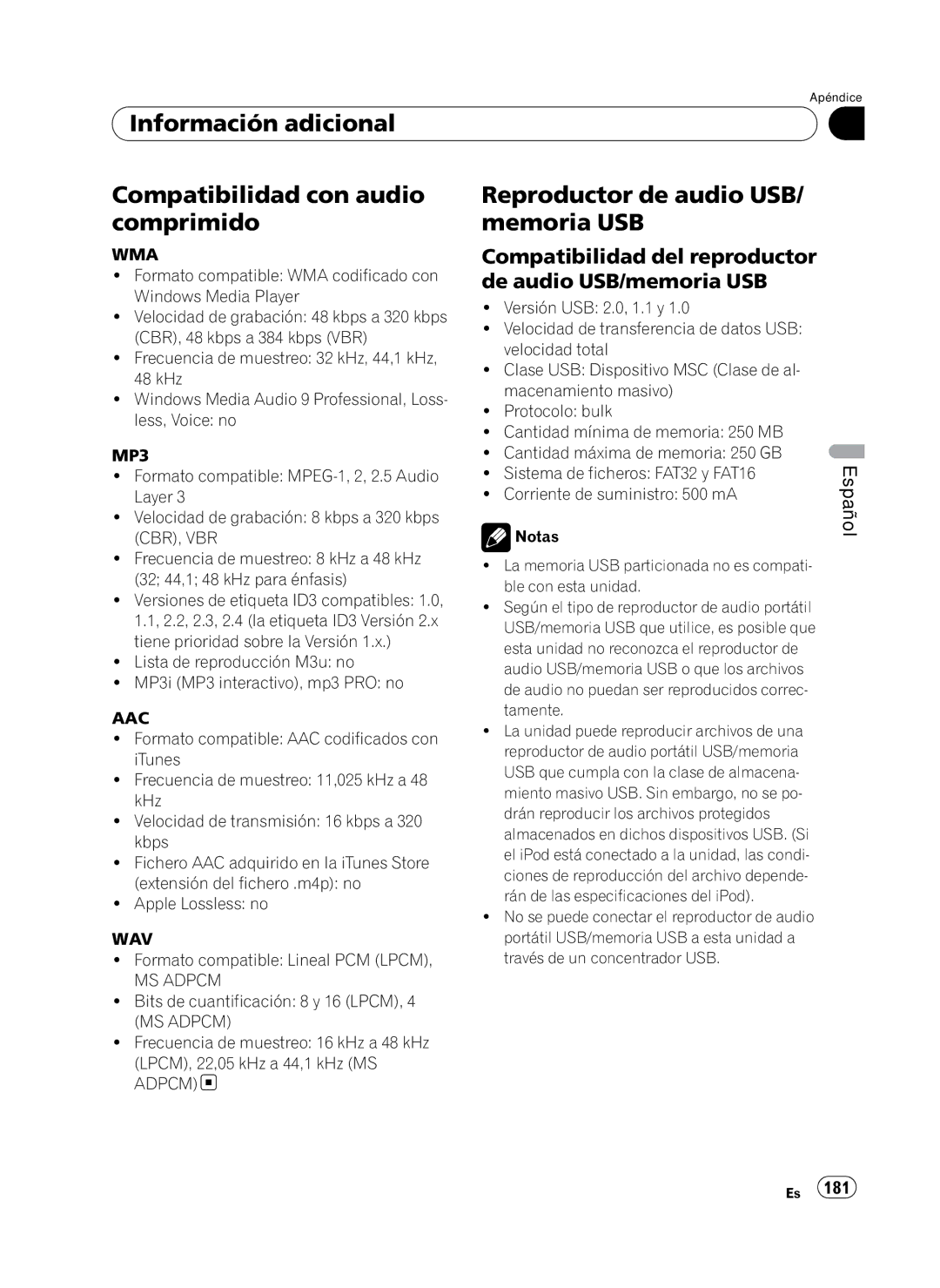 Pioneer P4100UB Información adicional Compatibilidad con audio comprimido, Reproductor de audio USB/ memoria USB 