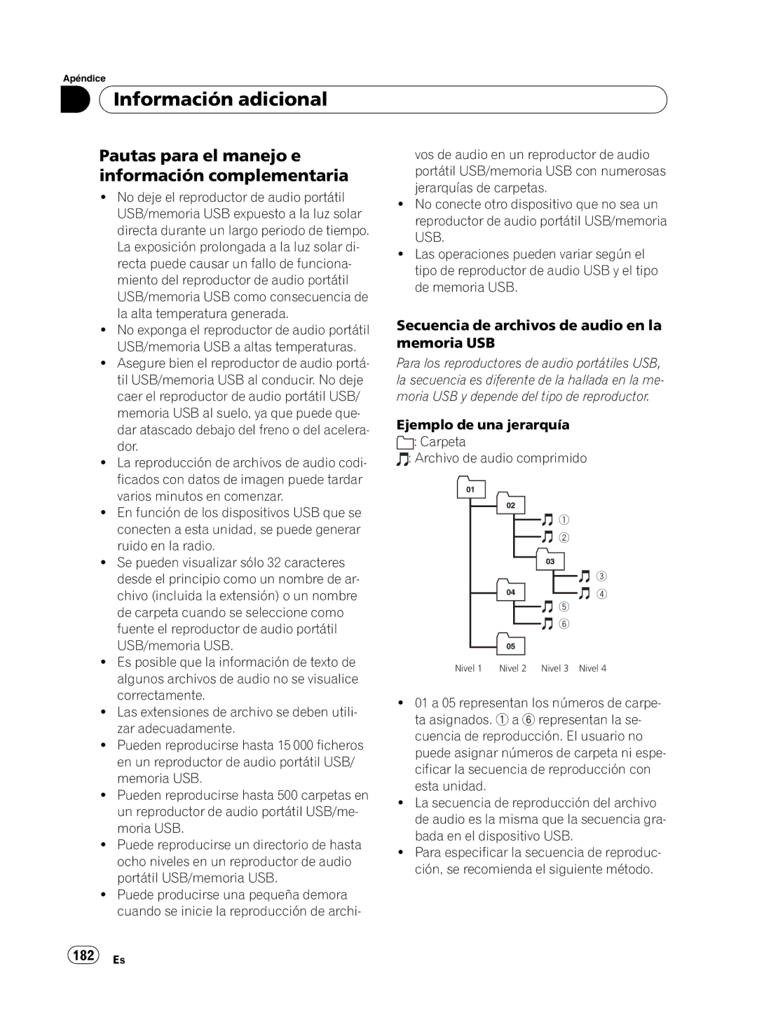 Pioneer P4100UB Pautas para el manejo e información complementaria, Secuencia de archivos de audio en la memoria USB 