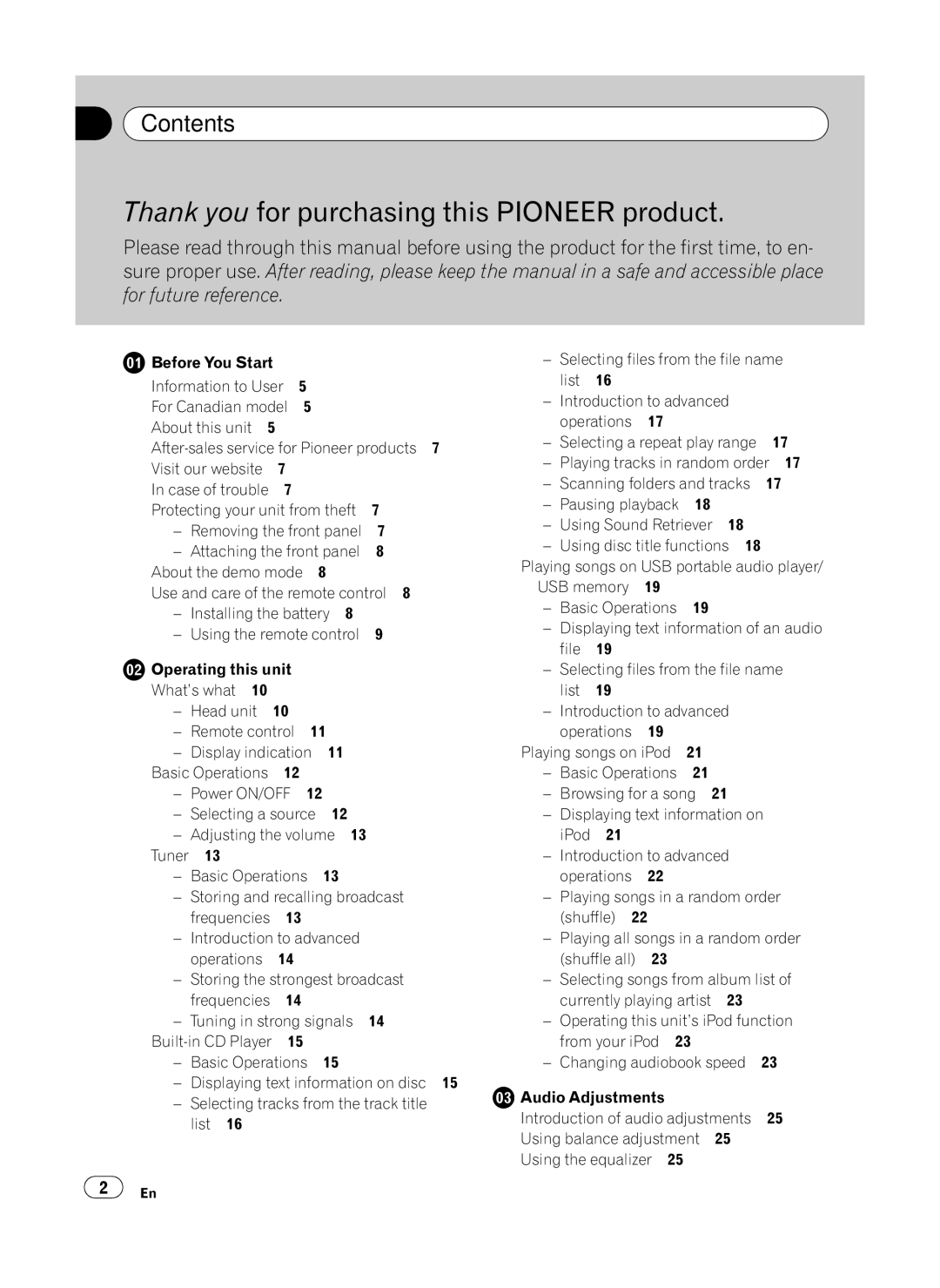 Pioneer P4100UB operation manual Contents, Playing tracks in random order 