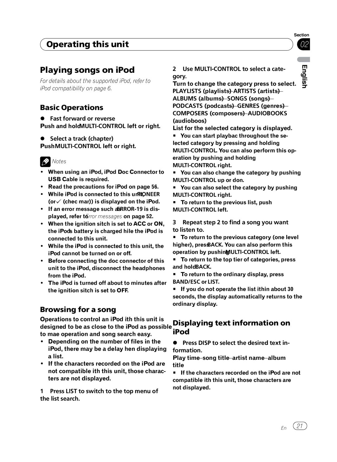 Pioneer P4100UB operation manual Playing songs on iPod, Browsing for a song, Displaying text information on iPod 