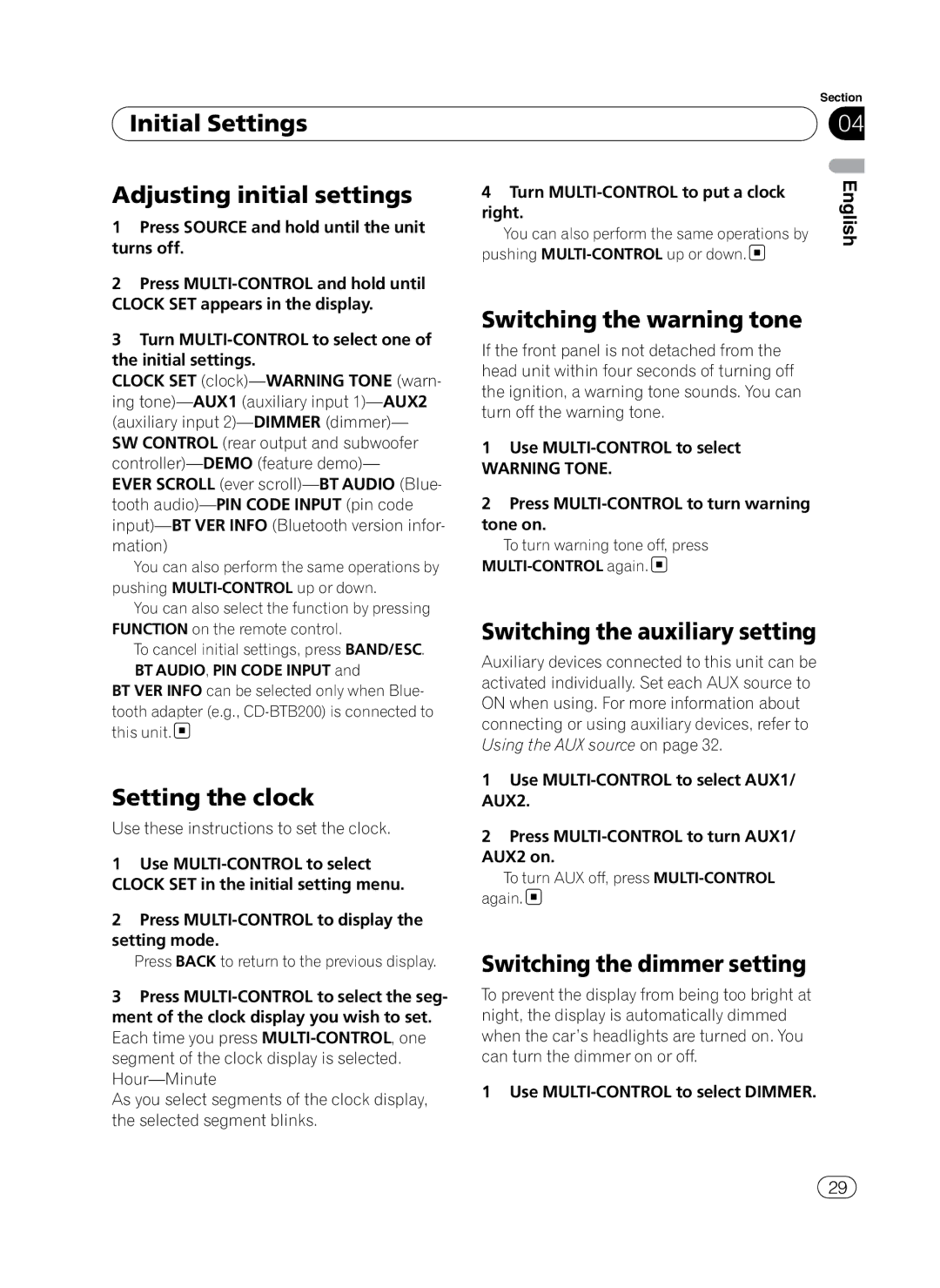 Pioneer P4100UB operation manual Initial Settings Adjusting initial settings, Switching the warning tone, Setting the clock 