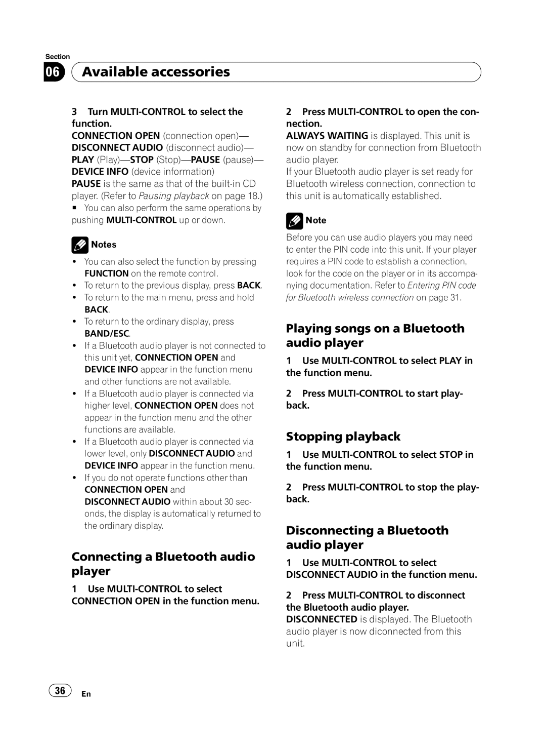 Pioneer P4100UB Connecting a Bluetooth audio player, Playing songs on a Bluetooth audio player, Stopping playback 