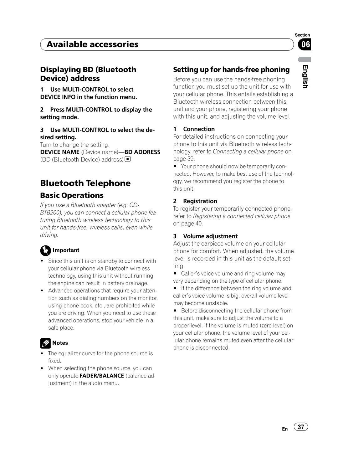 Pioneer P4100UB Bluetooth Telephone, Displaying BD Bluetooth Device address, Setting up for hands-free phoning 