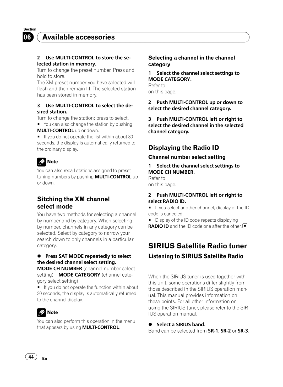 Pioneer P4100UB Sirius Satellite Radio tuner, Switching the XM channel select mode, Displaying the Radio ID 