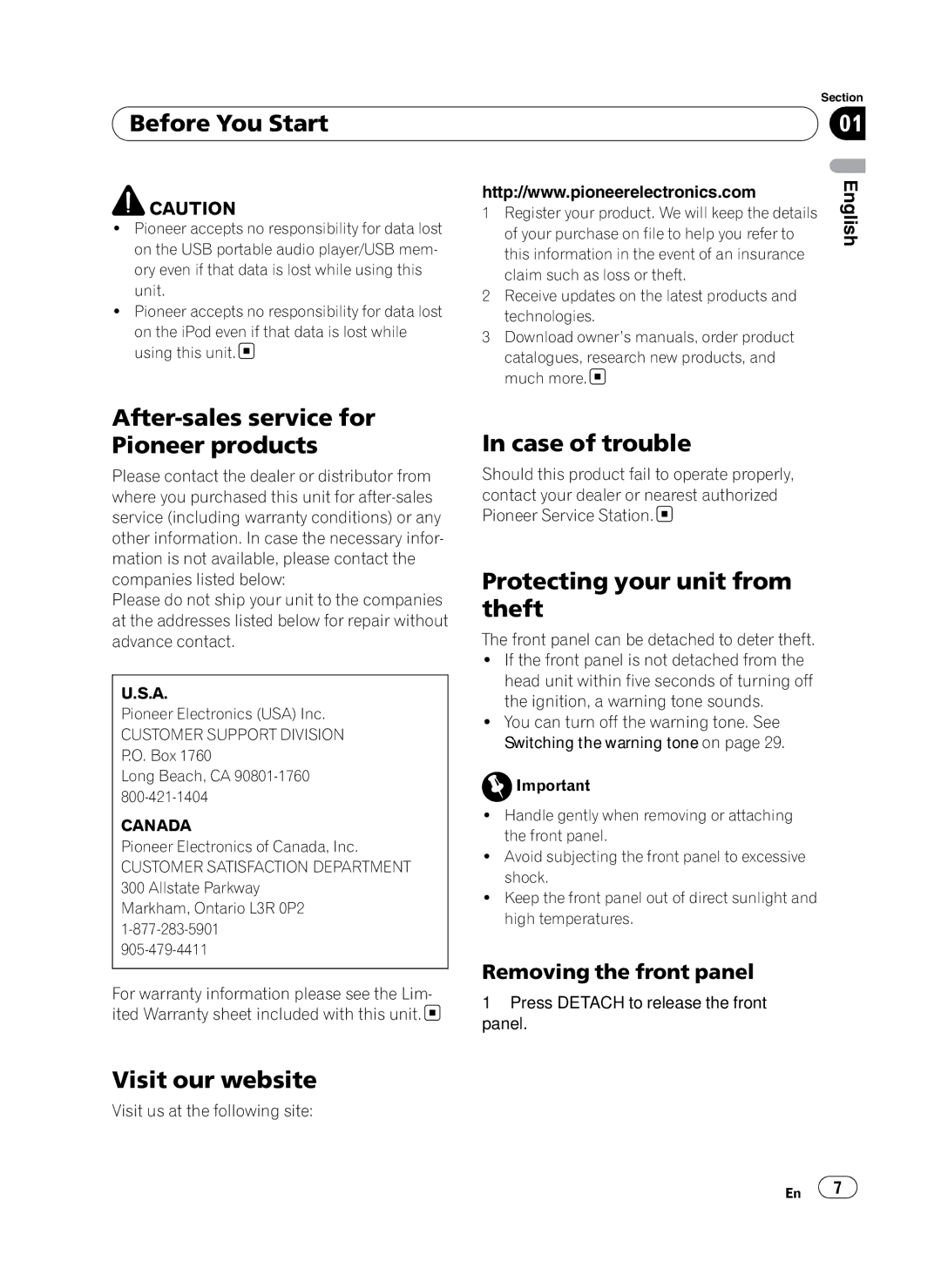 Pioneer P4100UB operation manual After-sales service for Pioneer products, Case of trouble, Protecting your unit from theft 