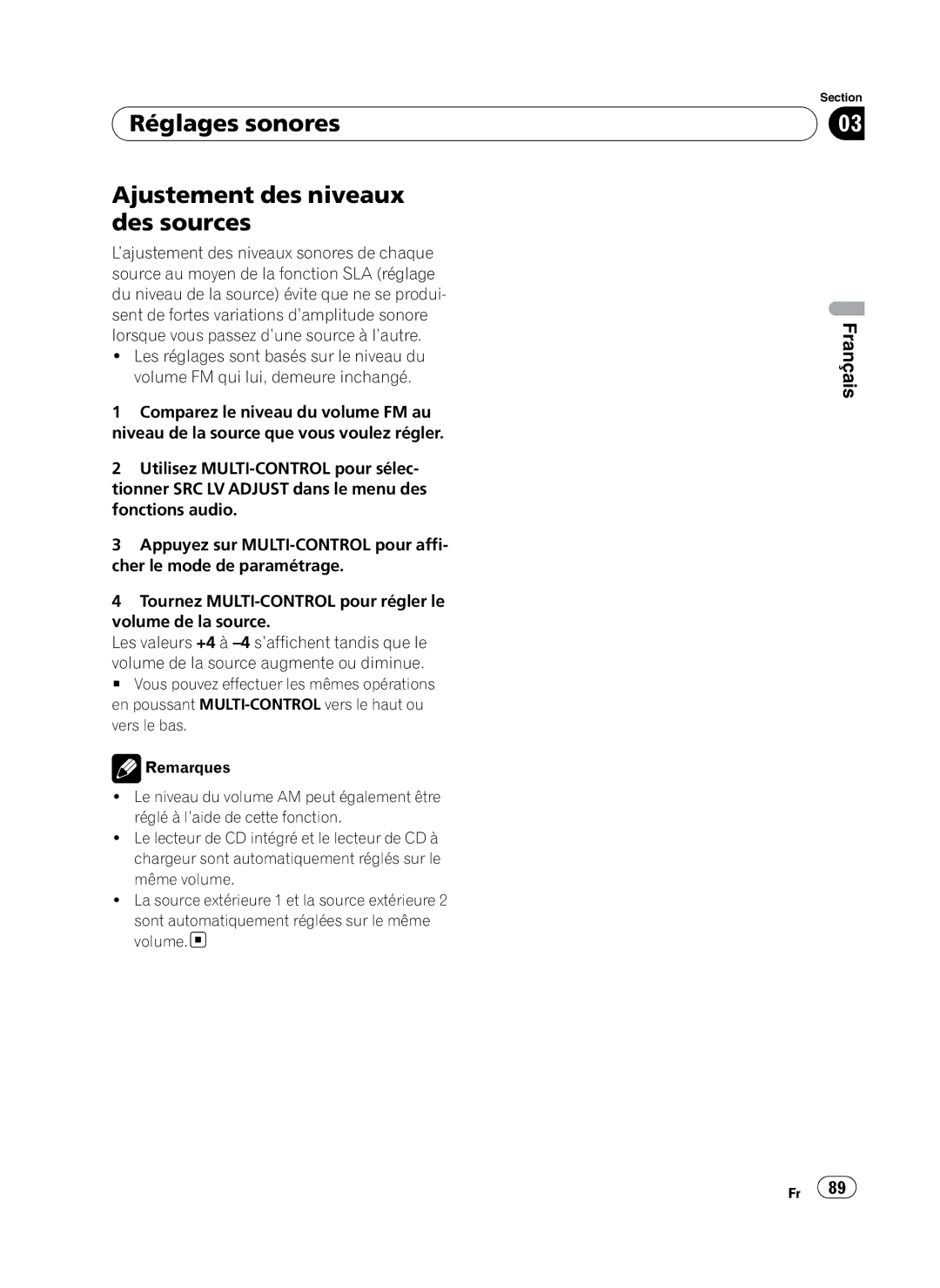 Pioneer P4100UB operation manual Réglages sonores Ajustement des niveaux des sources 