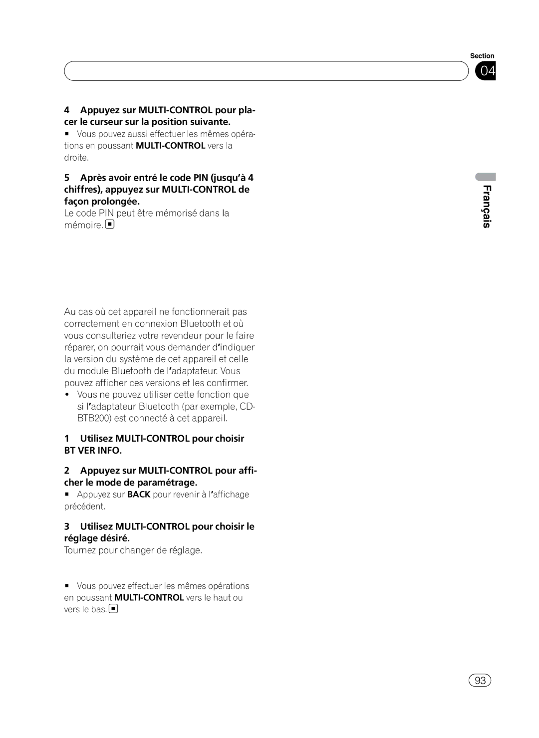 Pioneer P4100UB operation manual Réglages initiaux, BT VER Info 