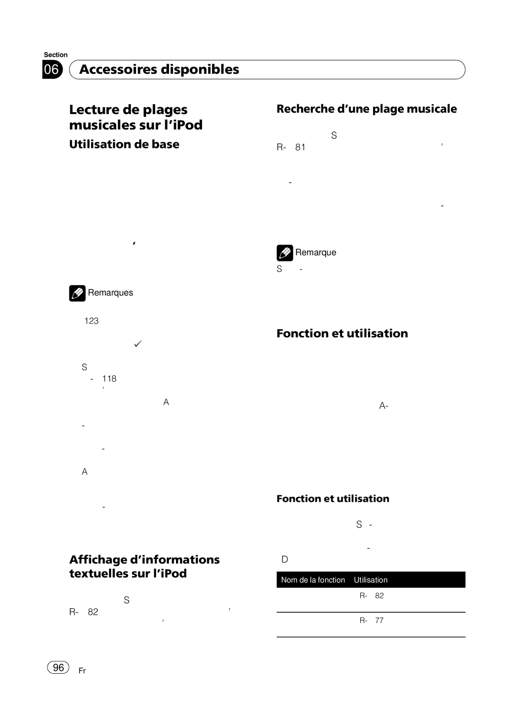 Pioneer P4100UB operation manual Accessoires disponibles Lecture de plages, Musicales sur l’iPod, Fonction et utilisation 