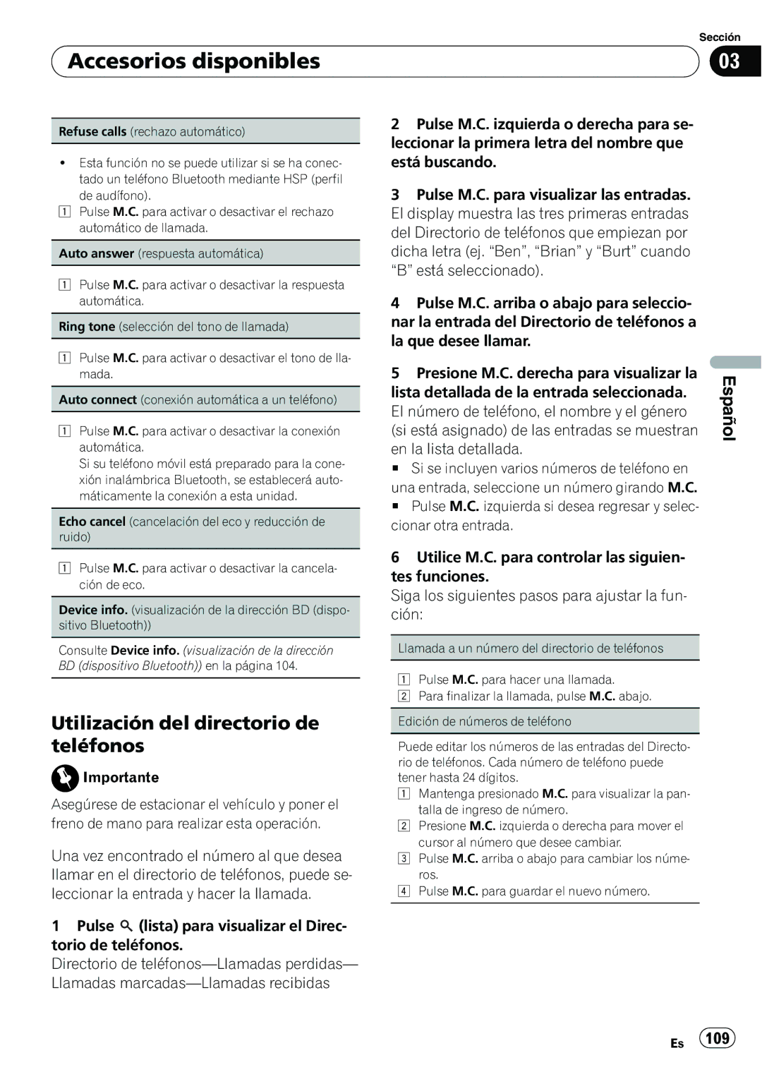 Pioneer P4200UB Utilización del directorio de teléfonos, Echo cancel cancelación del eco y reducción de ruido 