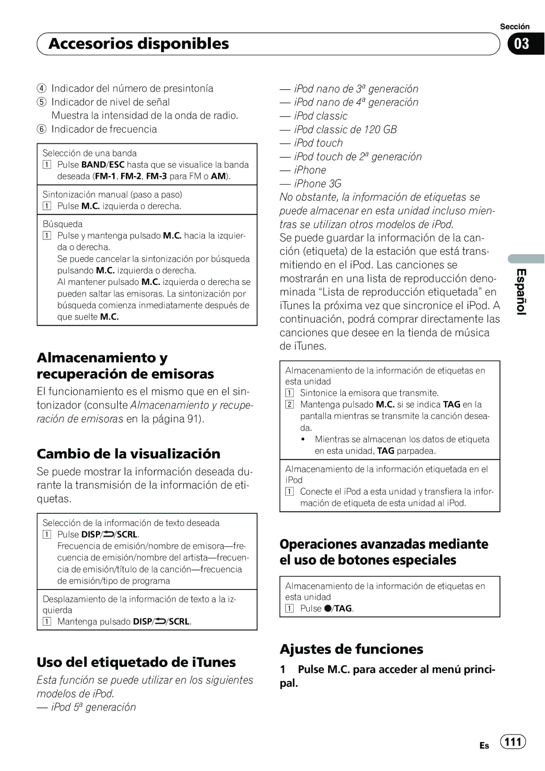 Pioneer P4200UB operation manual Uso del etiquetado de iTunes, Selección de una banda 