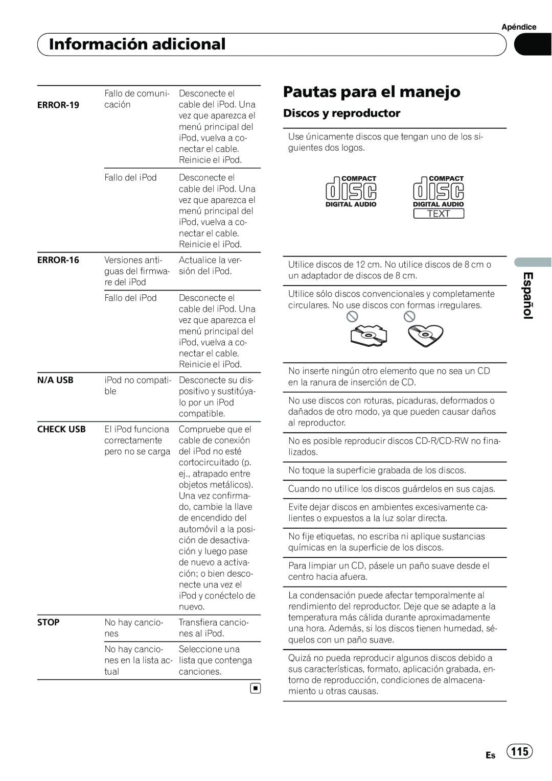 Pioneer P4200UB operation manual Pautas para el manejo, Discos y reproductor, Fallo de comuni Desconecte el, Lo por un iPod 