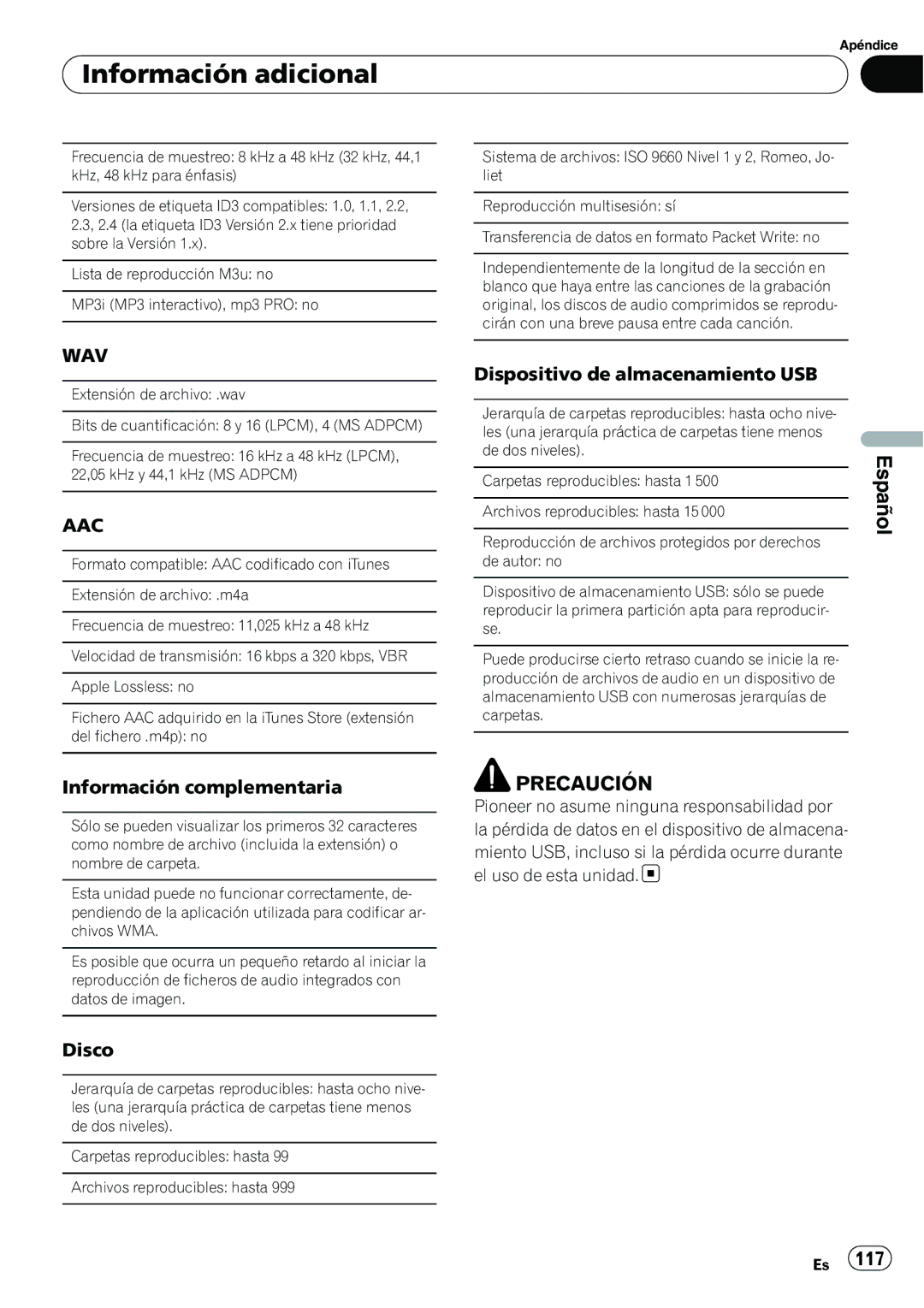 Pioneer P4200UB operation manual Información complementaria, Disco 