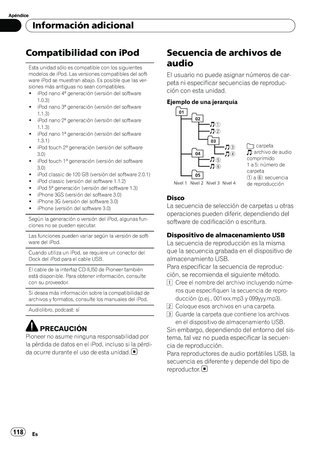 Pioneer P4200UB El usuario no puede asignar números de car, Peta ni especificar secuencias de reproduc, Almacenamiento USB 