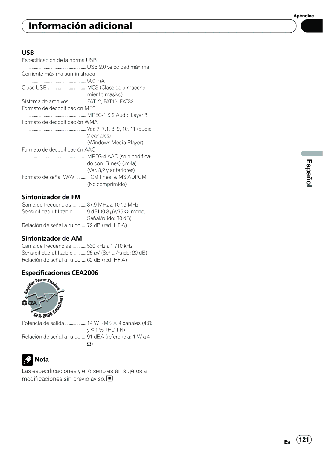 Pioneer P4200UB operation manual Sintonizador de FM, Sintonizador de AM, Especificaciones CEA2006 