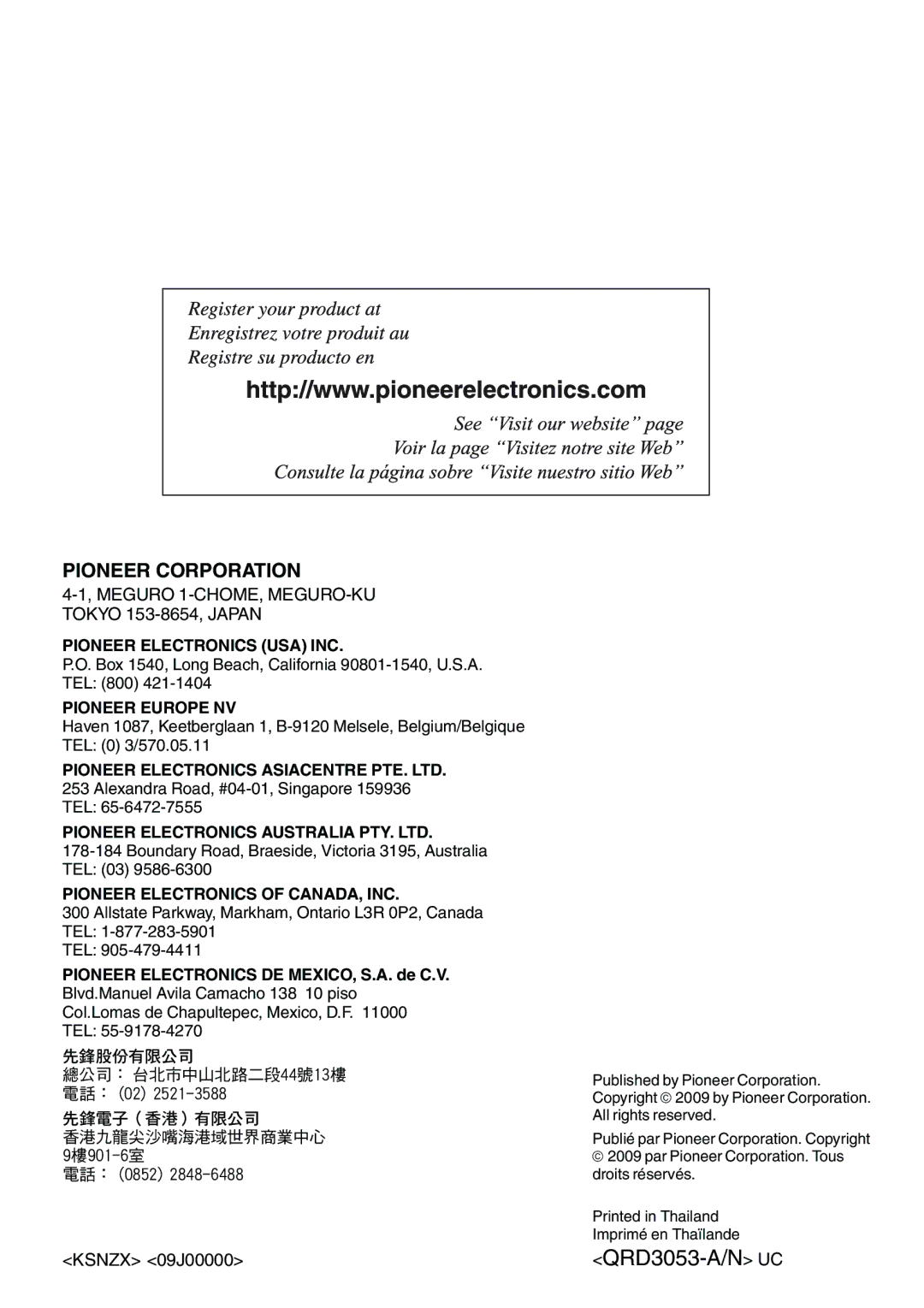 Pioneer P4200UB operation manual Meguro 1-CHOME, MEGURO-KU Tokyo 153-8654, Japan, Ksnzx 09J00000 