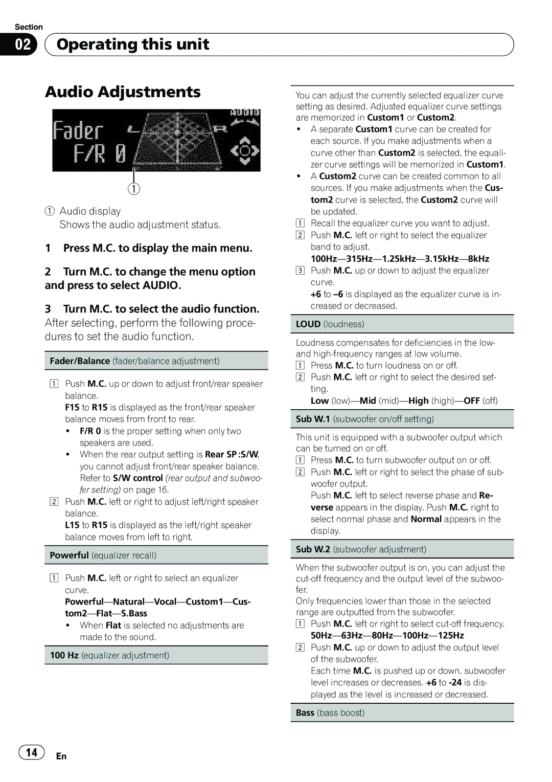 Pioneer P4200UB operation manual Operating this unit Audio Adjustments 