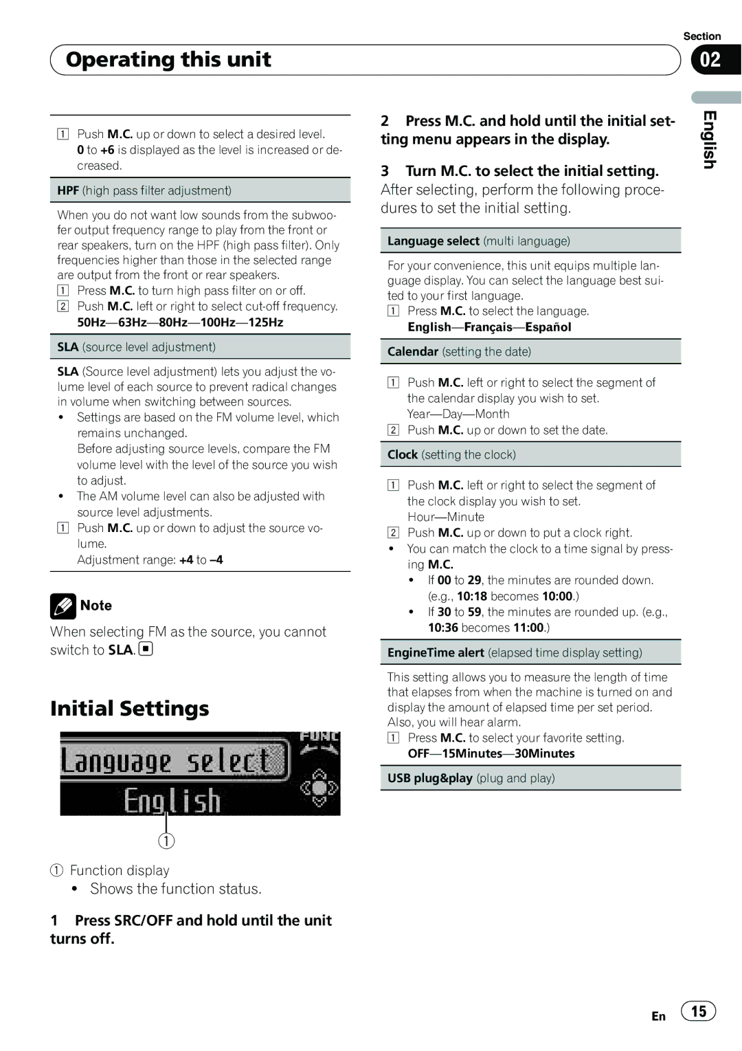 Pioneer P4200UB operation manual Initial Settings, When selecting FM as the source, you cannot switch to SLA 