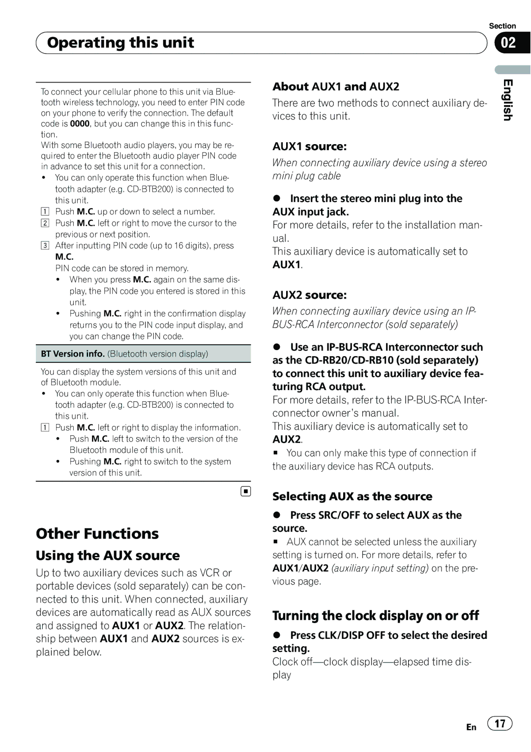 Pioneer P4200UB operation manual Other Functions, Using the AUX source, Turning the clock display on or off, AUX2 