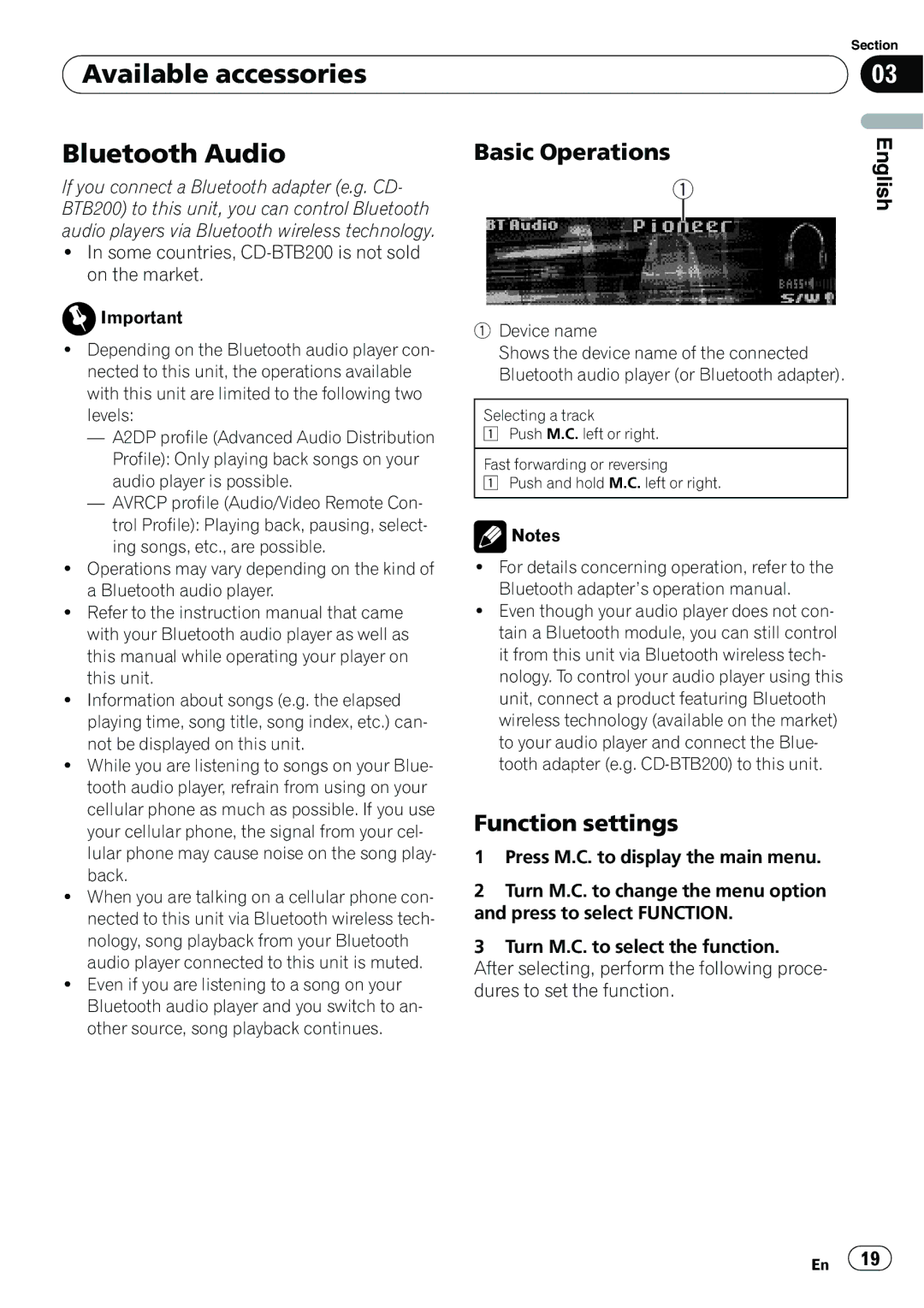 Pioneer P4200UB operation manual Available accessories Bluetooth Audio, Device name 