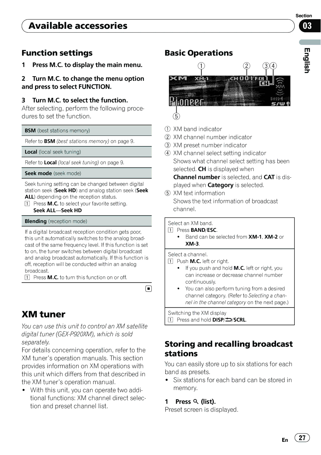 Pioneer P4200UB XM tuner, Storing and recalling broadcast stations, Switching the XM display Press and hold DISP/ /SCRL 