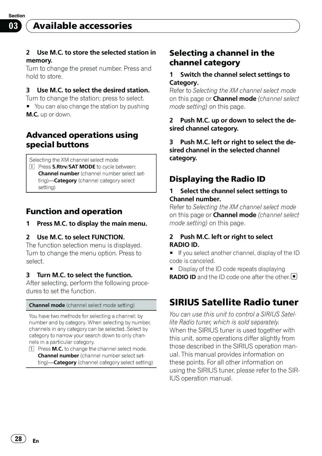 Pioneer P4200UB Sirius Satellite Radio tuner, Selecting a channel in the channel category, Displaying the Radio ID 