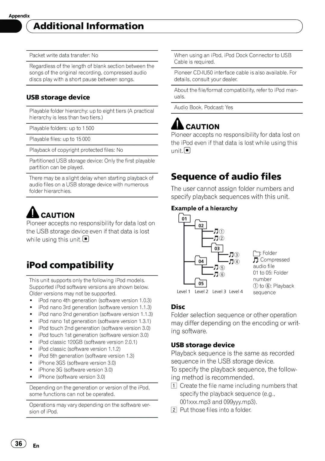 Pioneer P4200UB operation manual Sequence of audio files, IPod compatibility, Unit, Example of a hierarchy, 36 En 