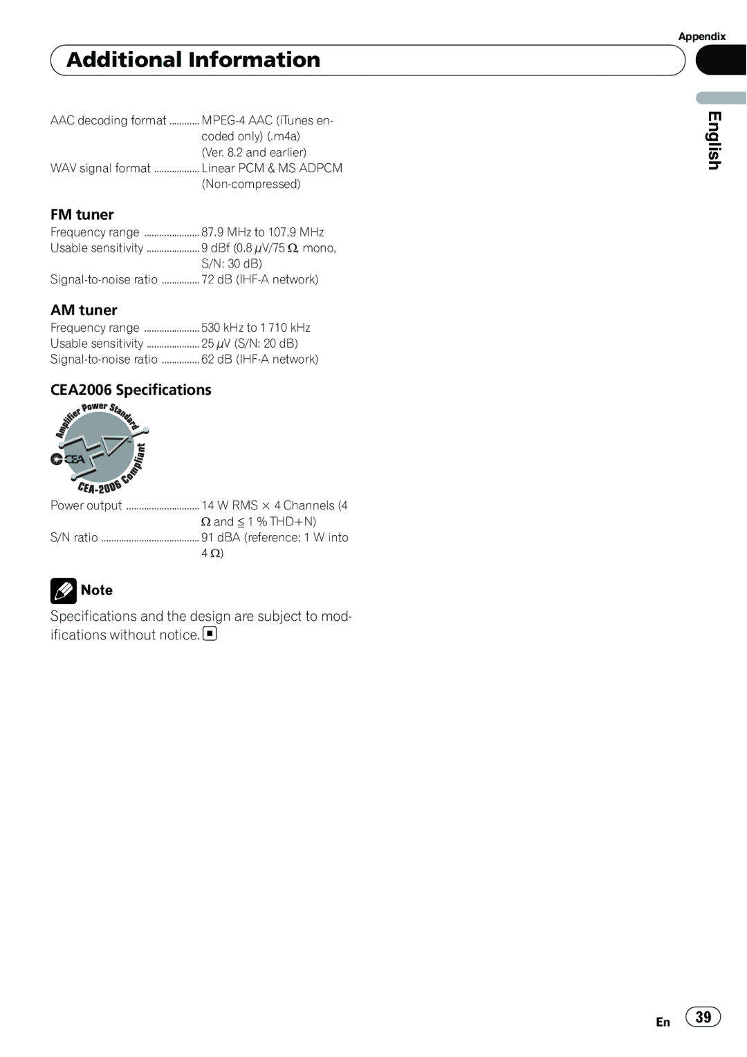 Pioneer P4200UB operation manual FM tuner, AM tuner, CEA2006 Specifications 