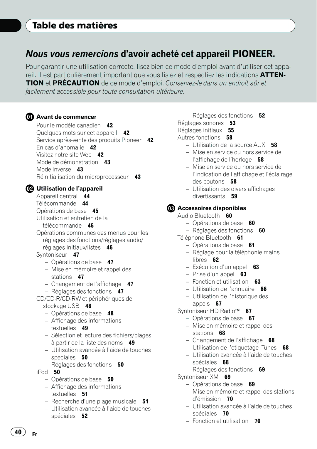 Pioneer P4200UB Table des matières, Utilisation et entretien de la, Syntoniseur XM, Opérations de base, 40 Fr 