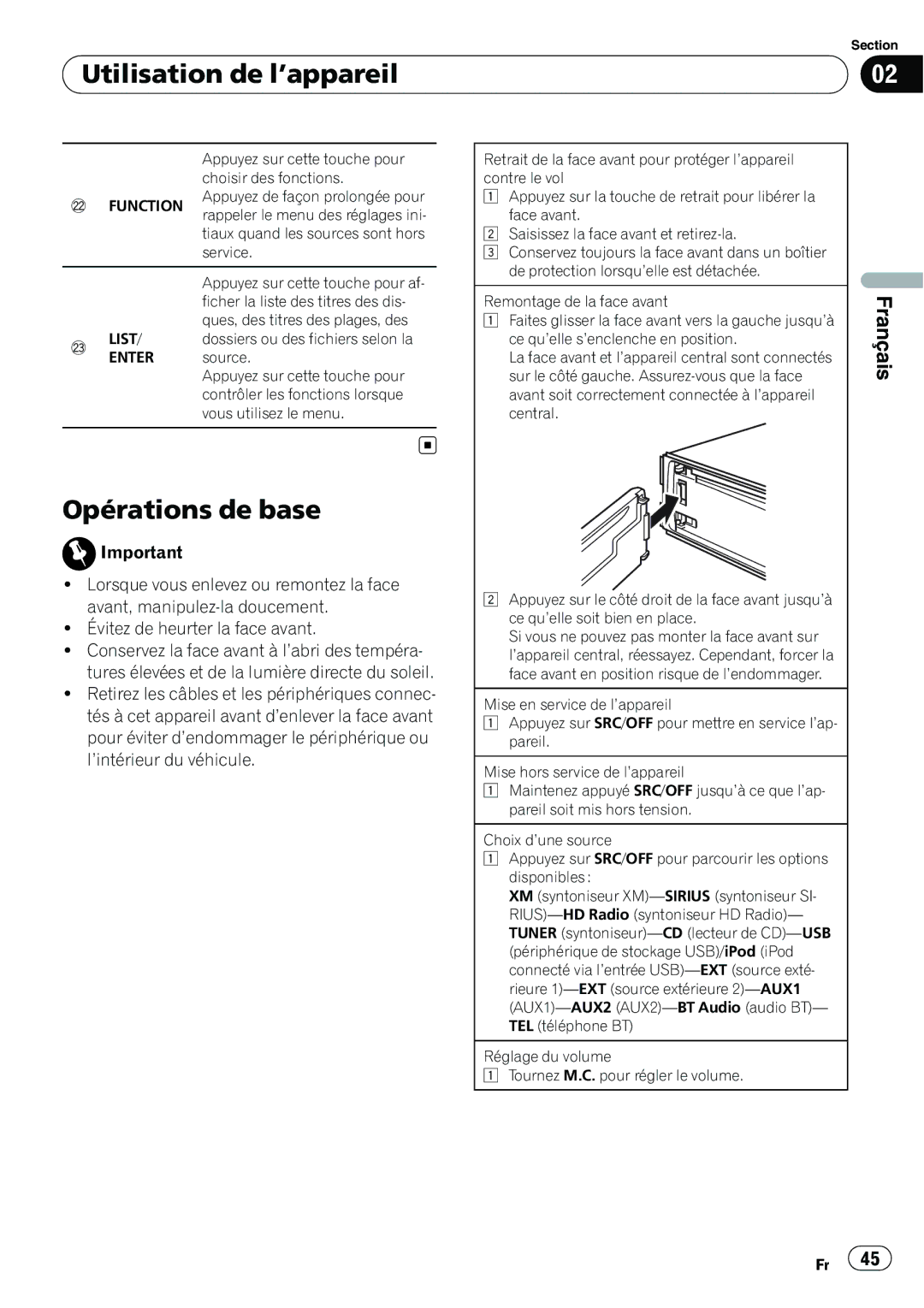 Pioneer P4200UB operation manual Utilisation de l’appareil, Opérations de base 