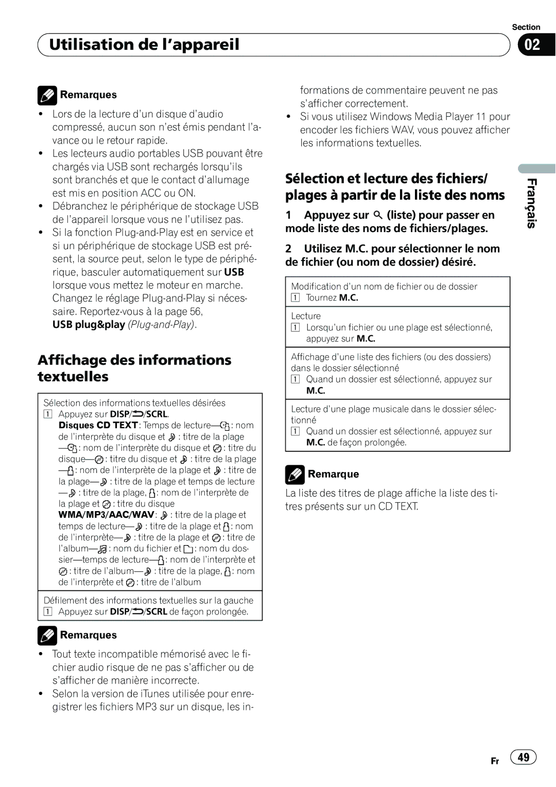 Pioneer P4200UB operation manual Affichage des informations textuelles, USB plug&play Plug-and-Play 