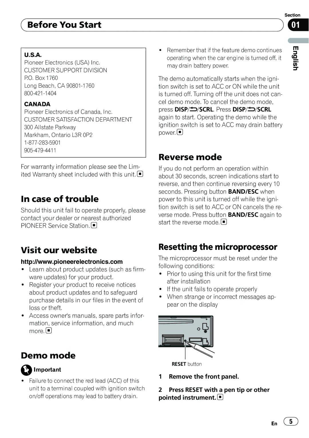 Pioneer P4200UB operation manual Case of trouble, Reverse mode, Visit our website, Resetting the microprocessor, Demo mode 