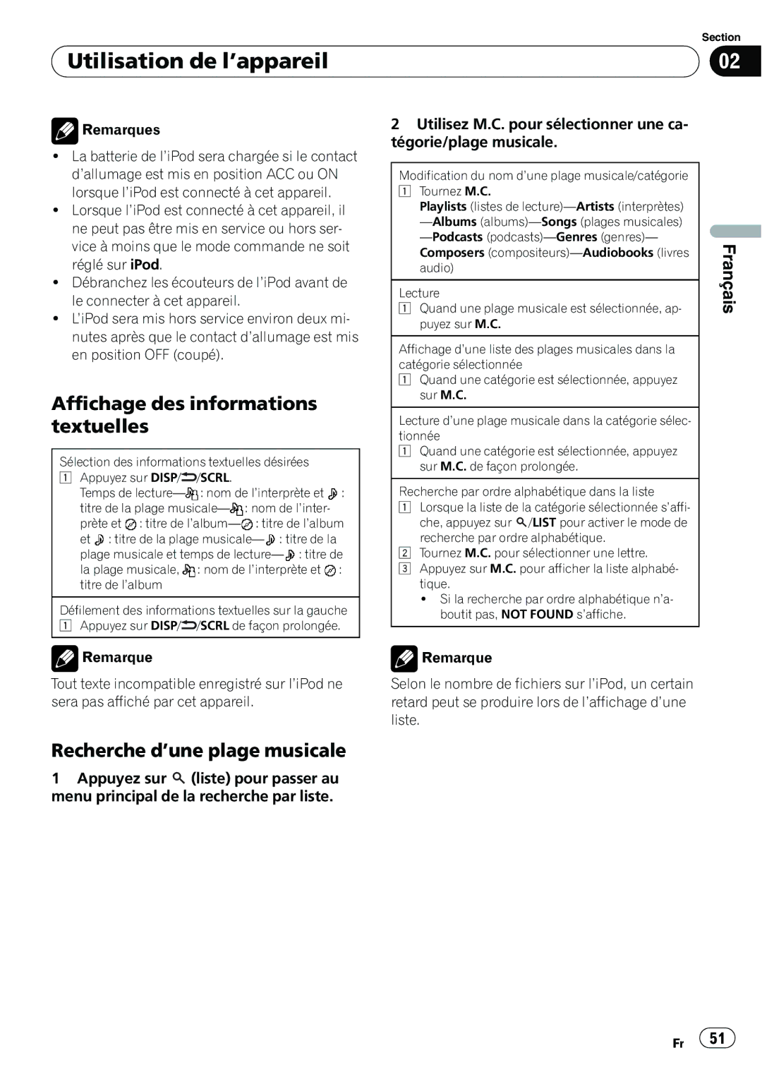 Pioneer P4200UB operation manual Recherche d’une plage musicale, Remarques 