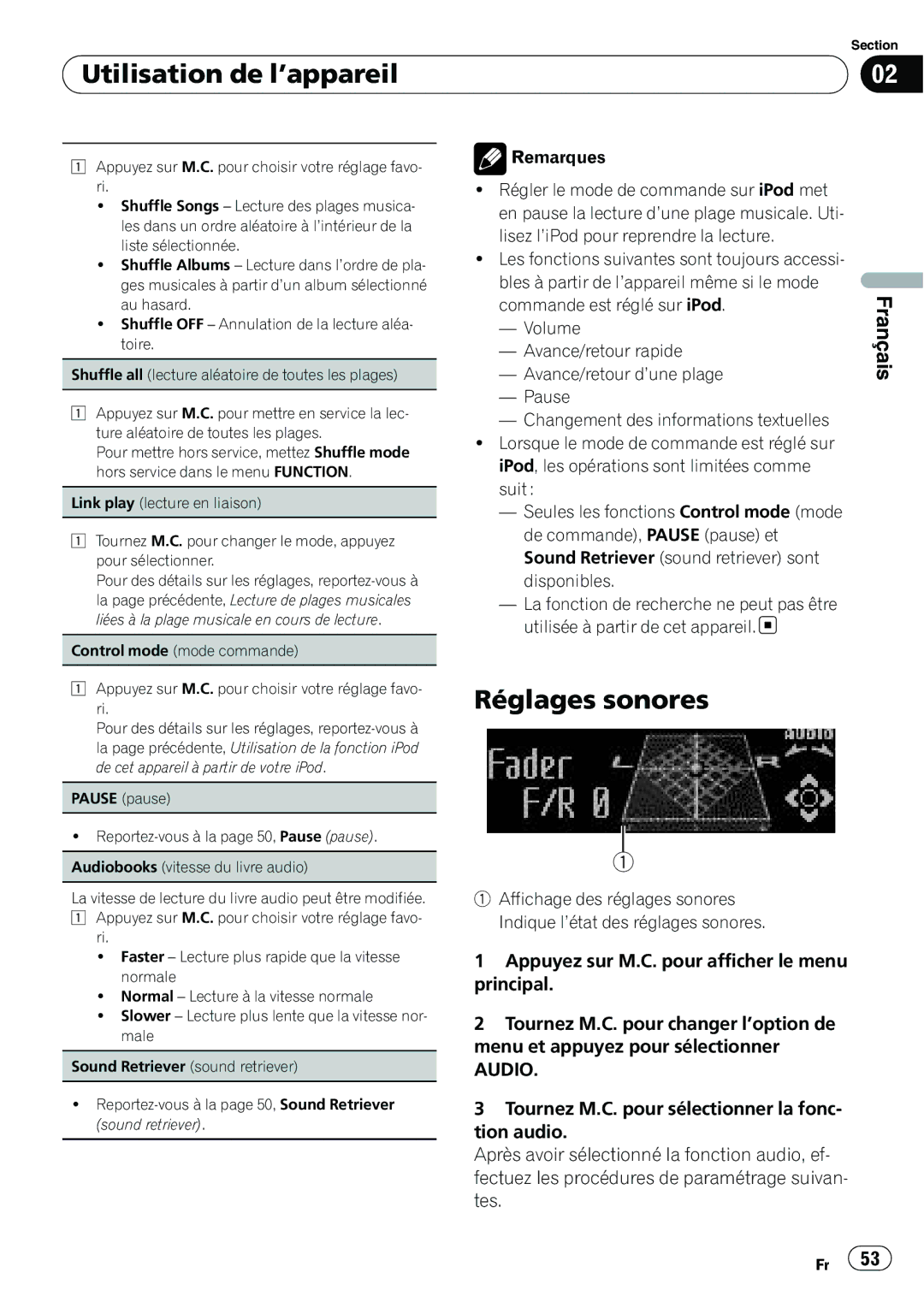 Pioneer P4200UB operation manual Réglages sonores, Audio 