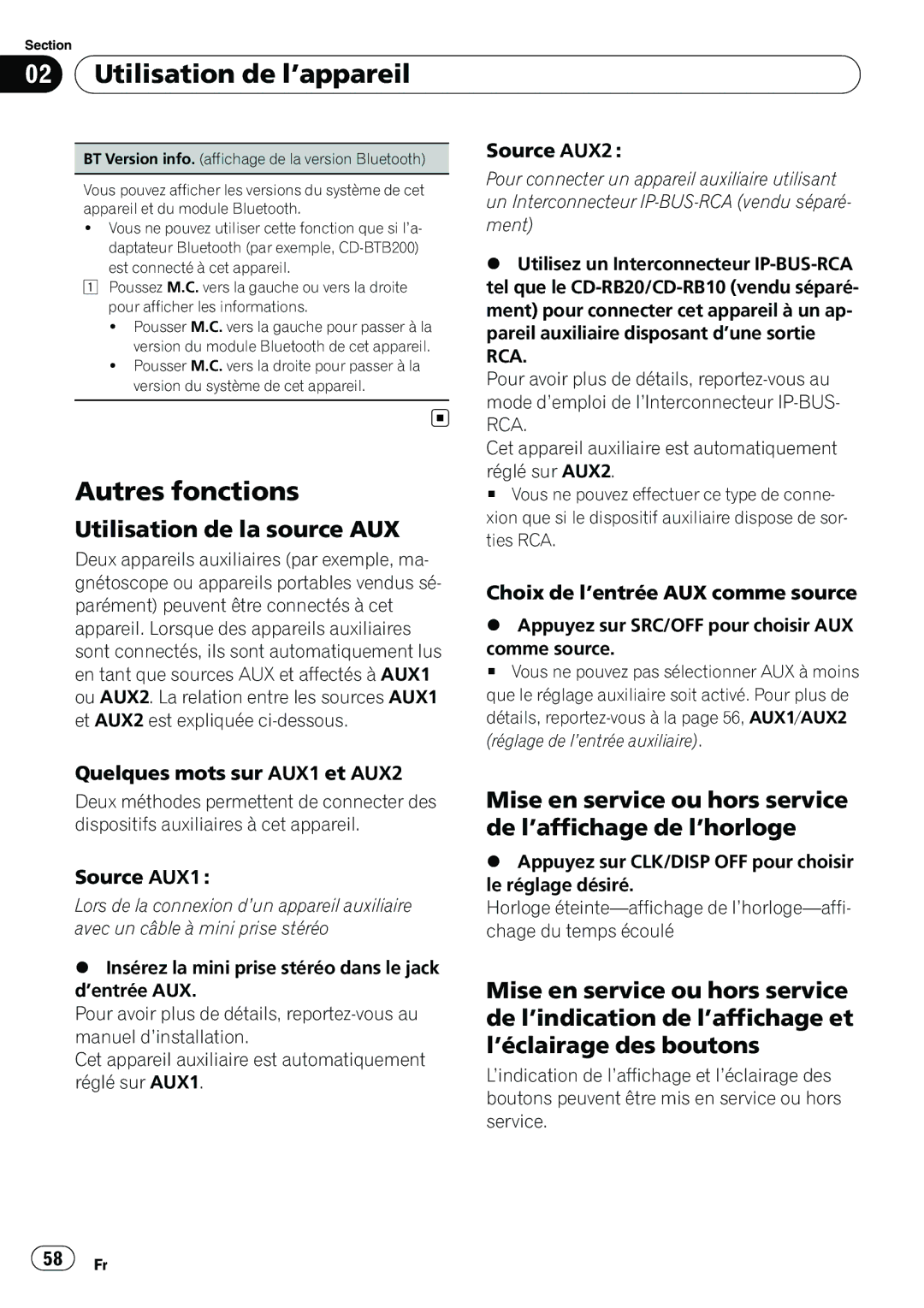 Pioneer P4200UB operation manual Autres fonctions, Utilisation de la source AUX, 58 Fr 