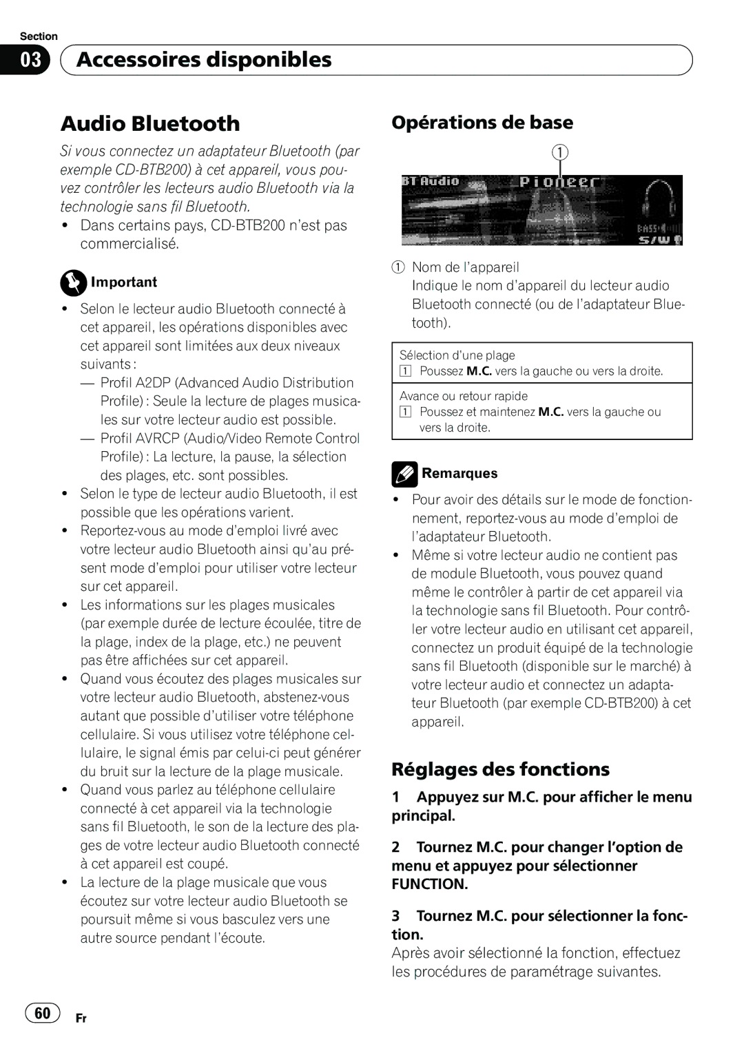 Pioneer P4200UB operation manual Accessoires disponibles Audio Bluetooth, 60 Fr 