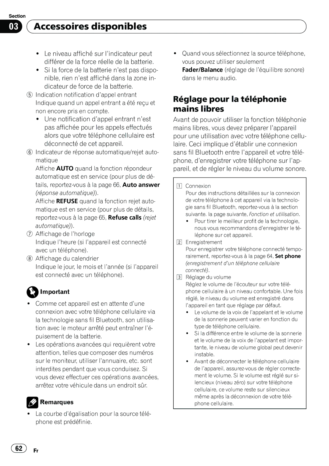 Pioneer P4200UB operation manual Réglage pour la téléphonie mains libres, Connexion 