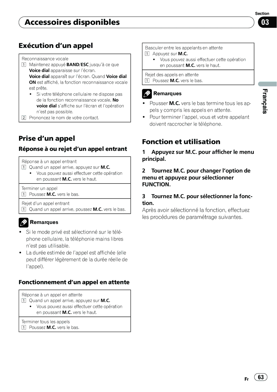 Pioneer P4200UB operation manual Exécution d’un appel, Prise d’un appel, Fonction et utilisation 